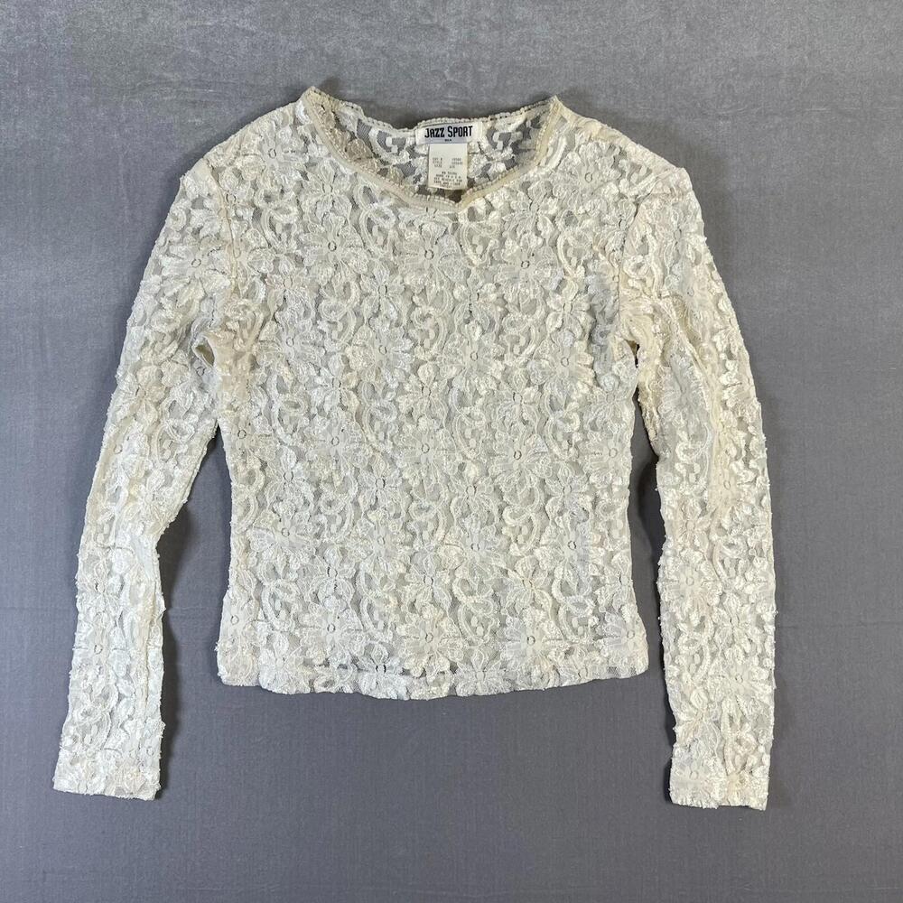 Vintage 80s Rare Jazz Sport Woven Lace Top Womens Large Ivory White Floral